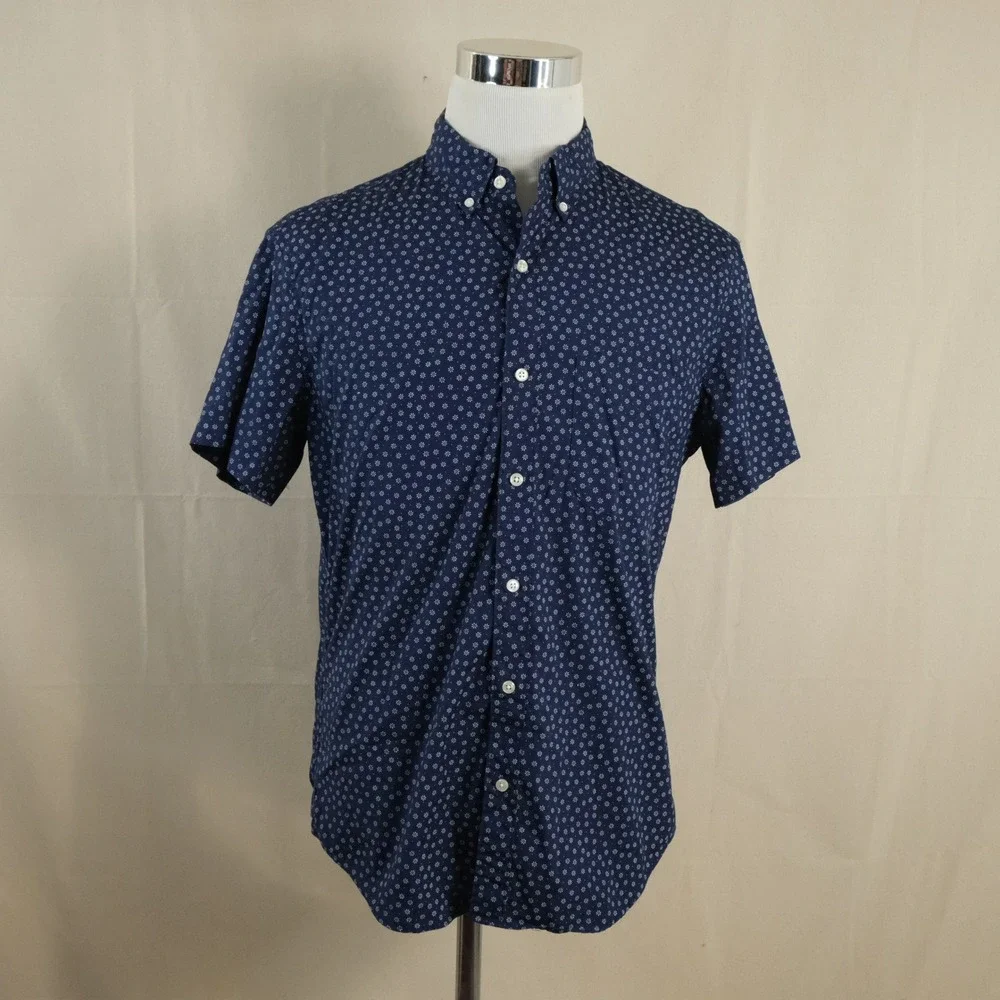 J. Crew Medium Slim Untucked Button Down Shirt Navy White Floral Stretch Mens